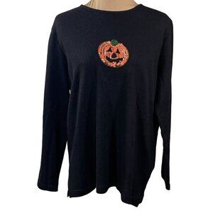 Hampshire Studio Halloween Pumpkin Pullover Top Sequins Black Orange Size M Medi